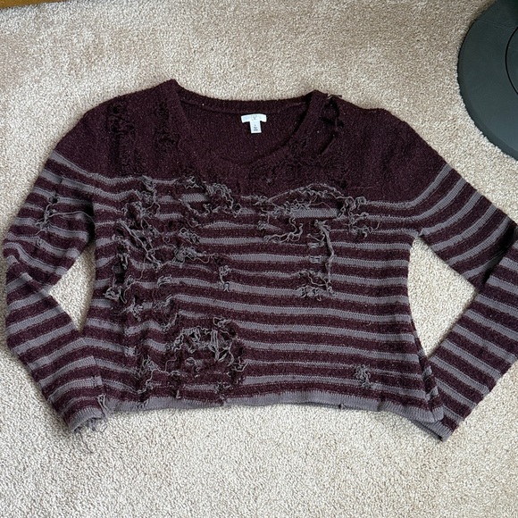 BP Burgundy & Grey Striped Extremely Distressed Sweater. Size Small - Picture 1 of 10